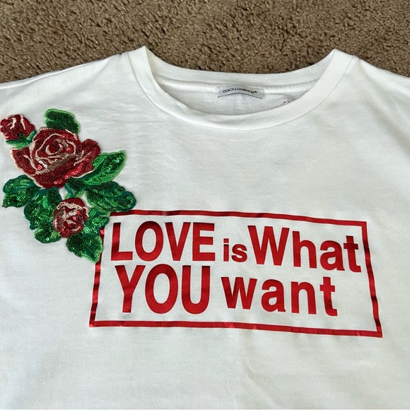 DOLCE & GABBANA Love is What You Want Cotton T-Shirt Roses Sequin Embroi… - Picture 3 of 10
